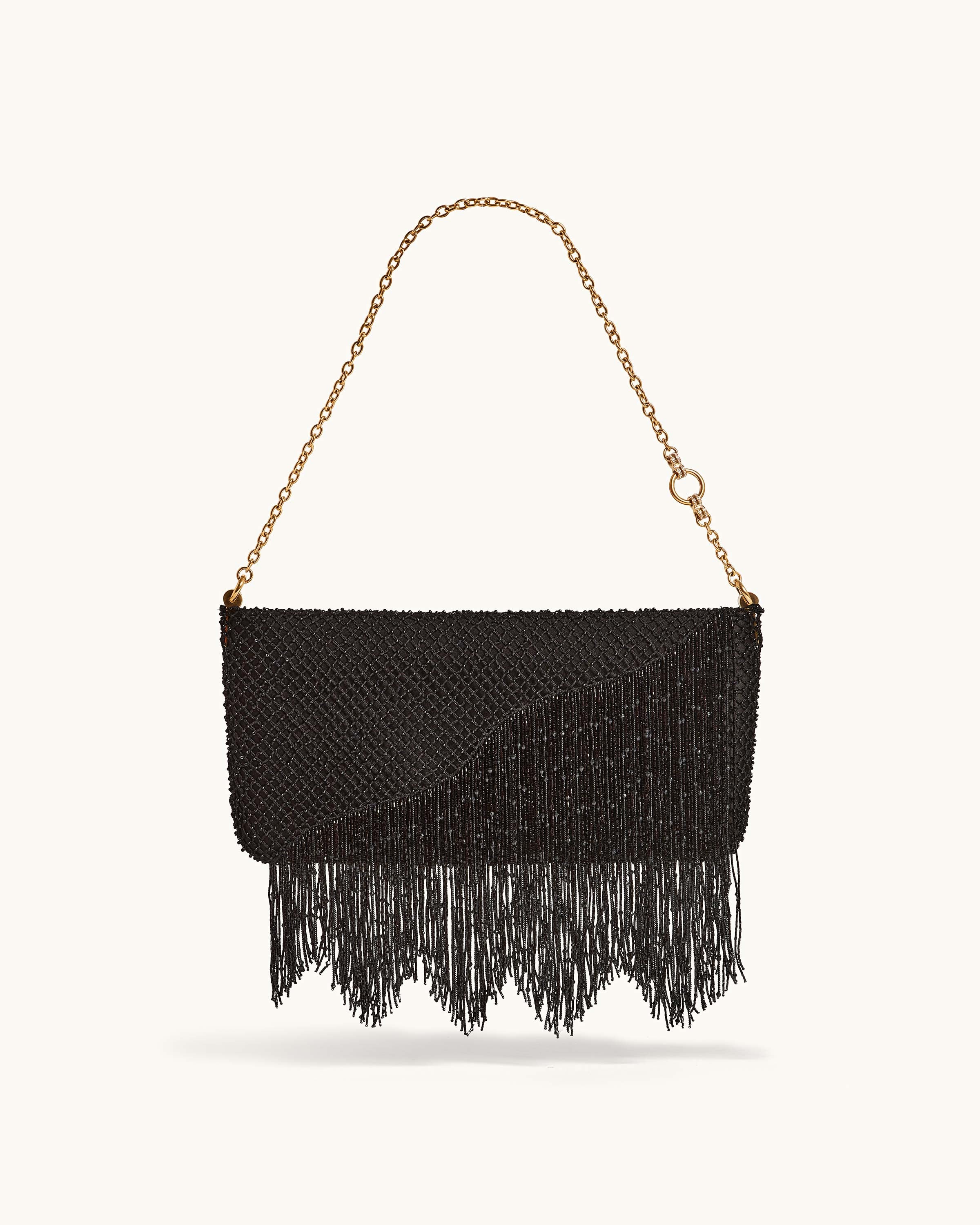 Snap Bag in Black Satin paired with Beaded Macramé Veil