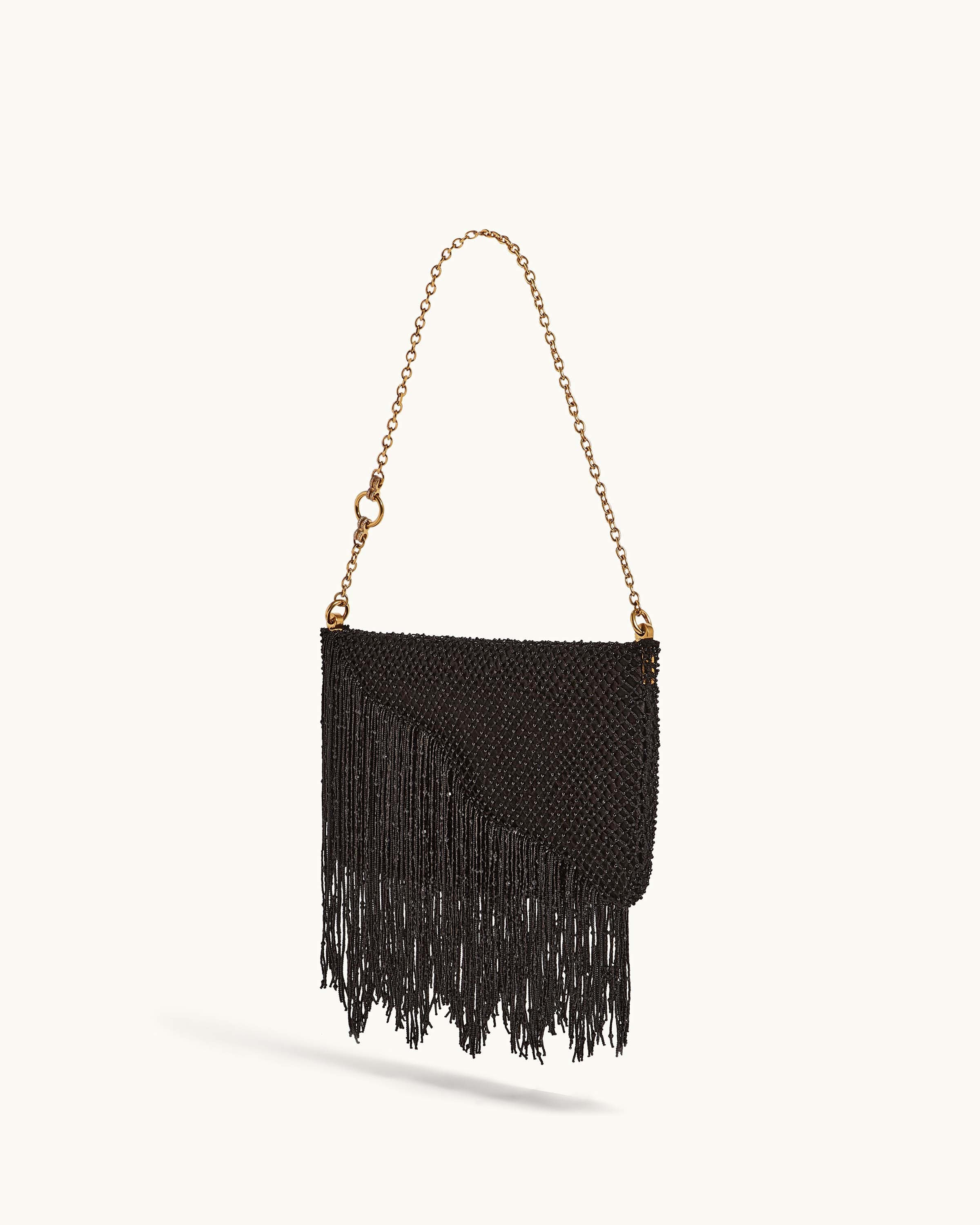 Snap Bag in Black Satin paired with Beaded Macramé Veil