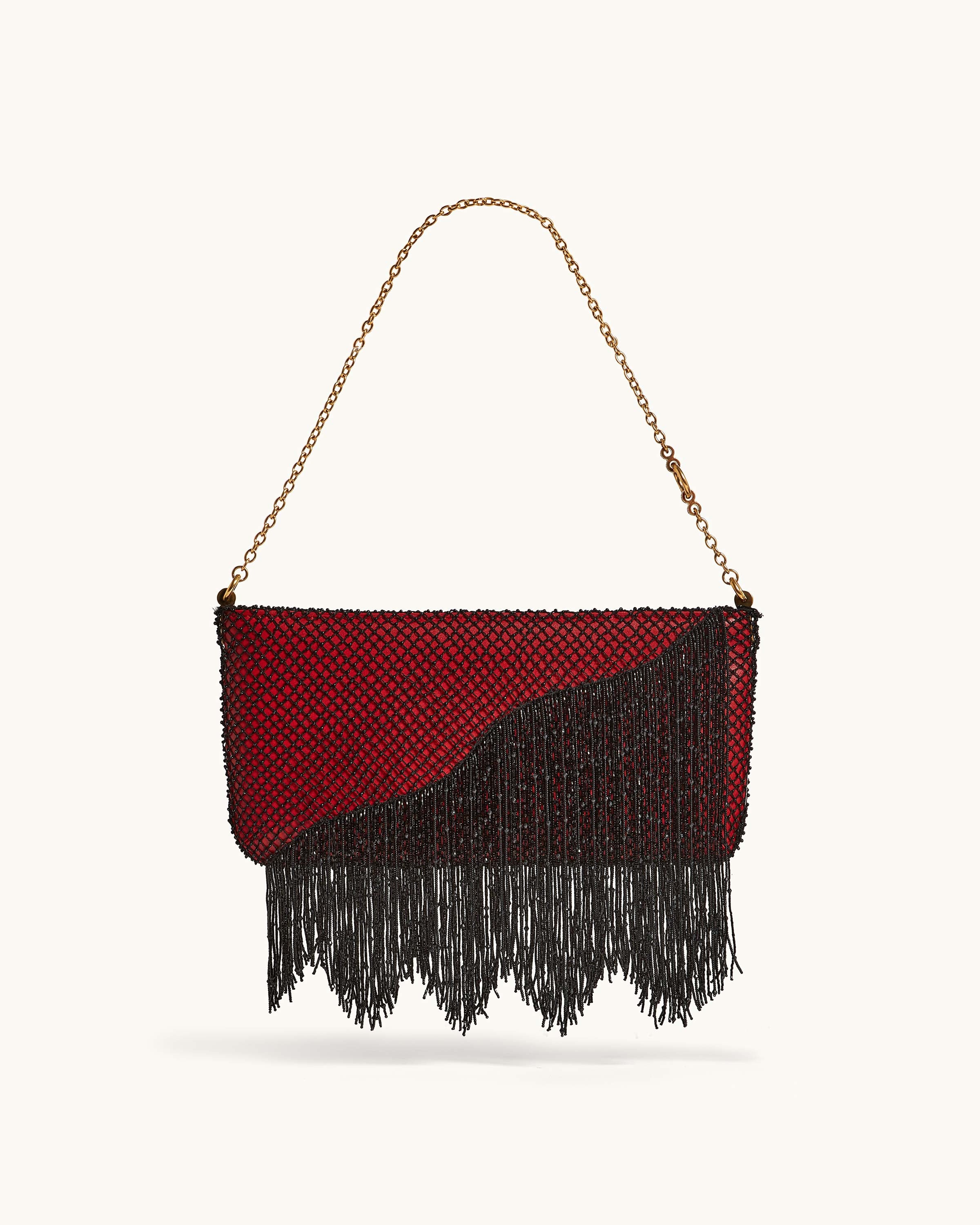Snap Bag in Cherry Leather paired with Beaded Macramé Veil