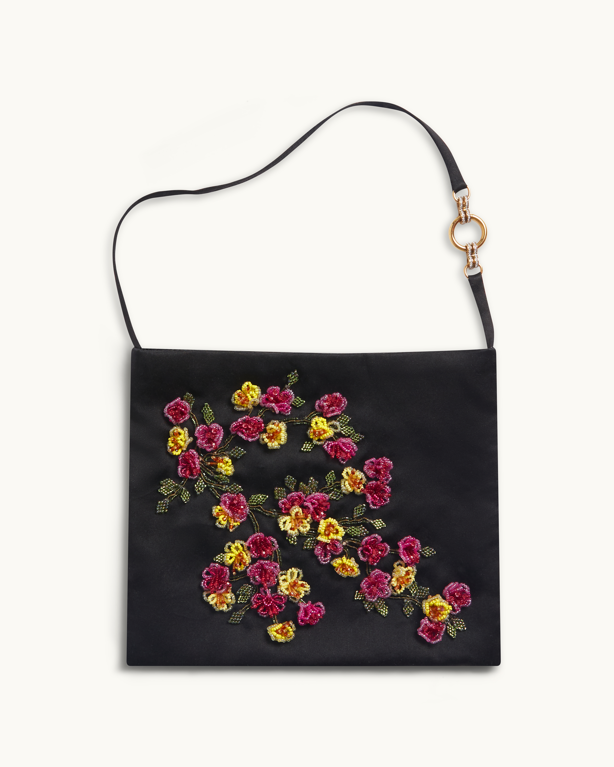 The Veil Pocket Hana Bag in black silk satin, laid flat
