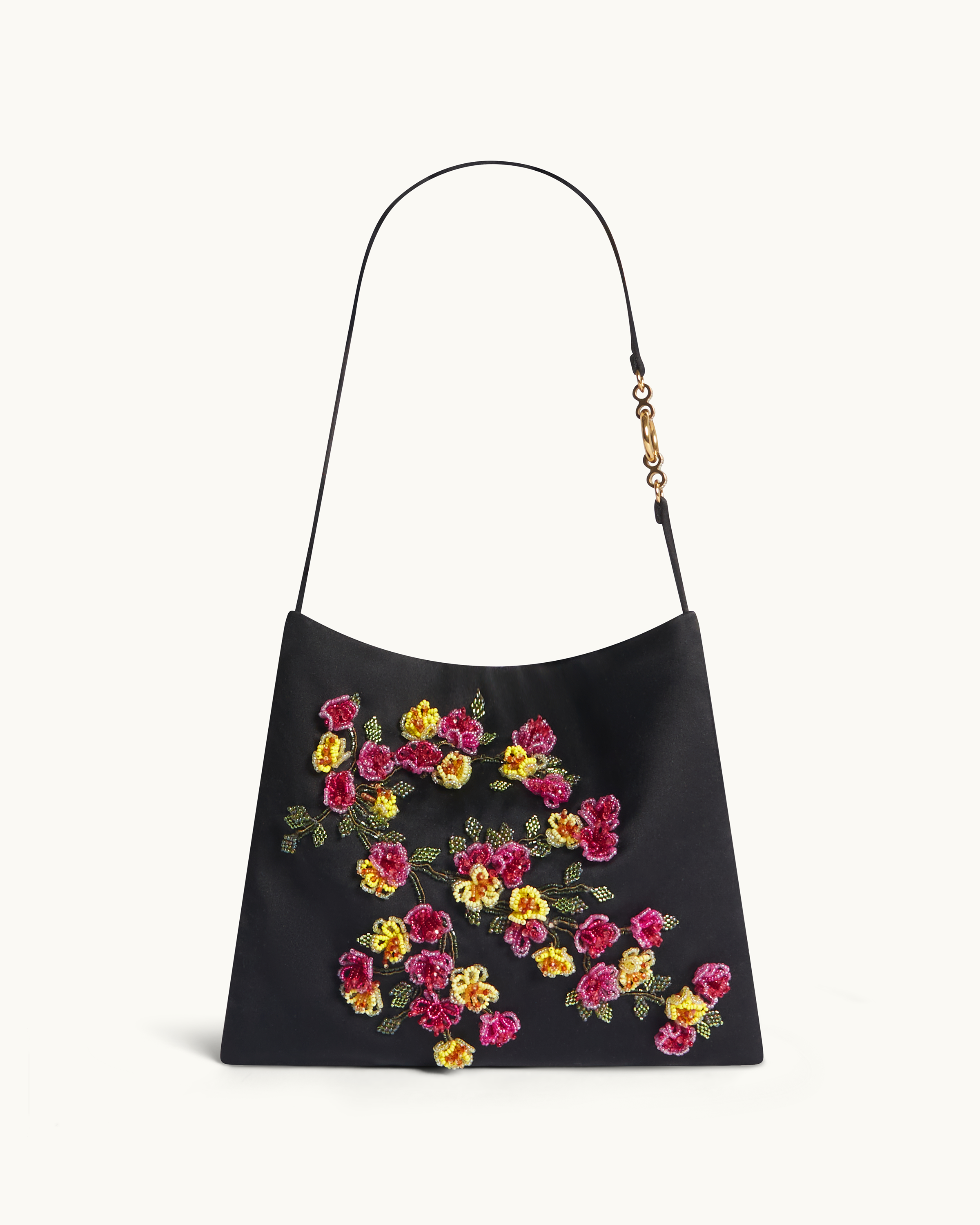 The Veil Pocket Hana Bag in black silk satin with beaded floral detail, front view