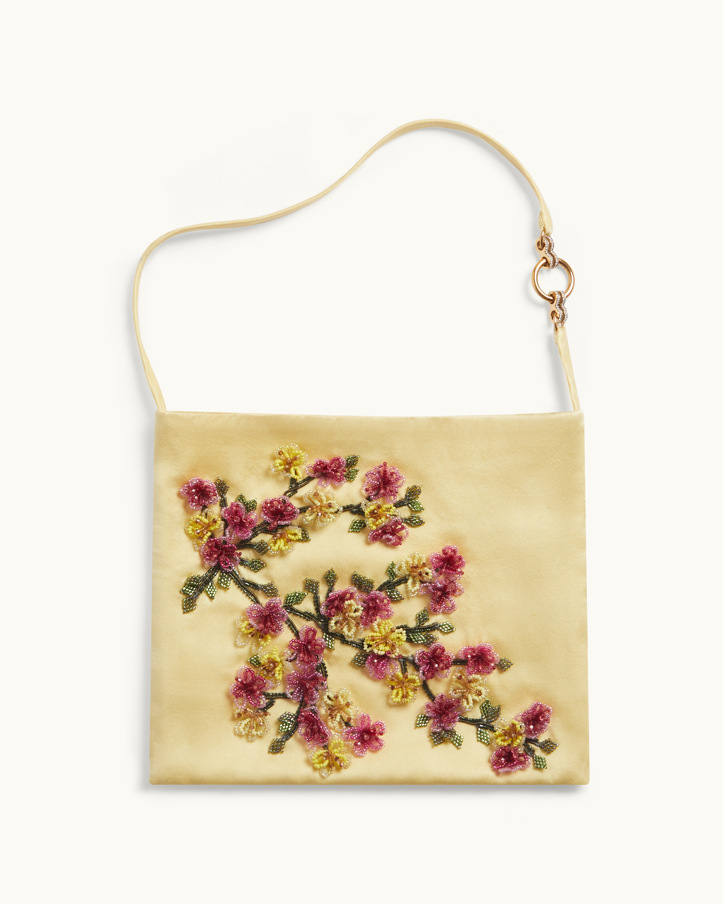 The Veil Pocket Hana Bag in yellow silk satin, laid flat