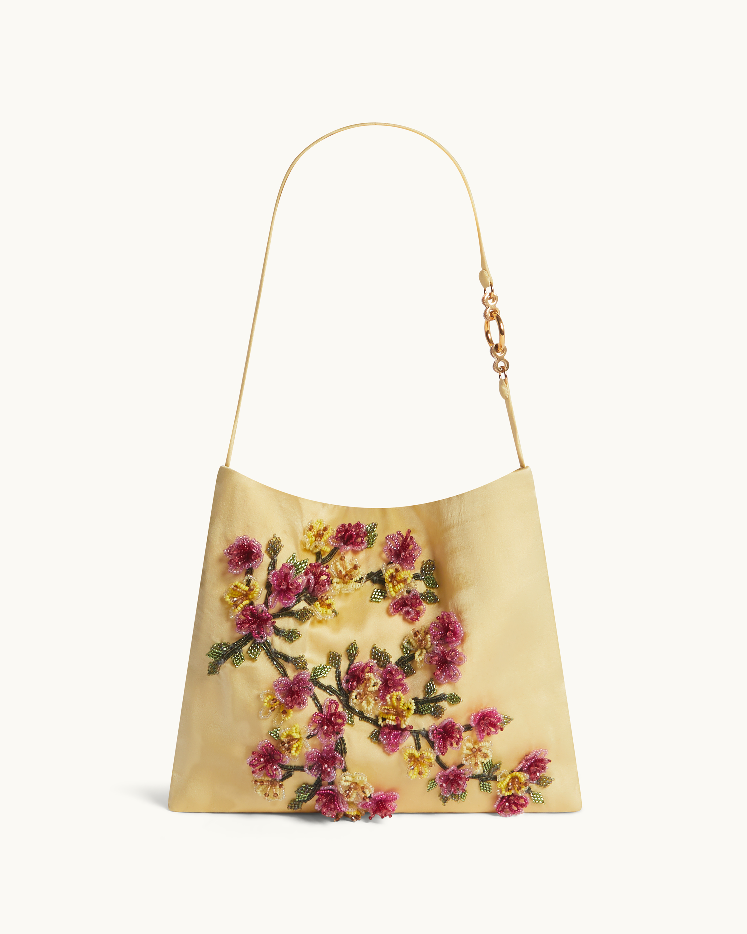 The Veil Pocket Hana Bag in yellow silk satin with beaded floral detail, front view